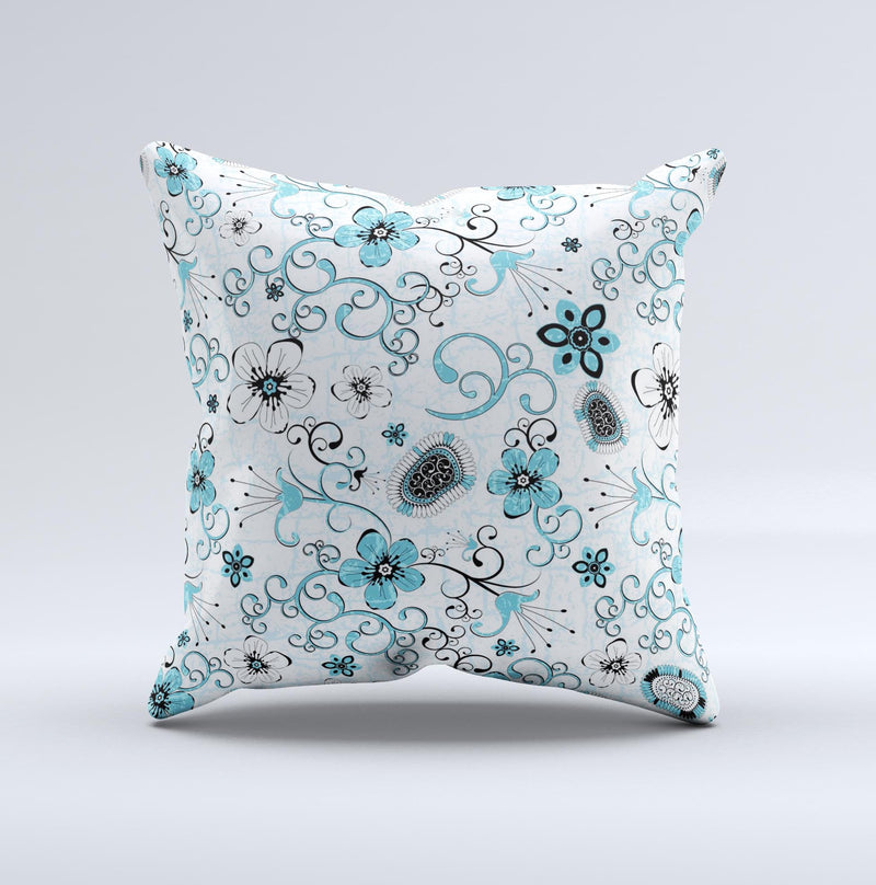 Abstract Blue & Black Seamless Flowers Ink-Fuzed Decorative Throw Pillow