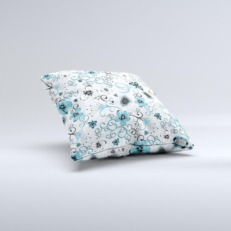 Abstract Blue & Black Seamless Flowers Ink-Fuzed Decorative Throw Pillow