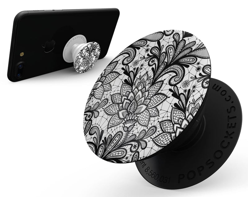 Black and White Geometric Floral - Skin Kit for PopSockets and other Smartphone Extendable Grips & Stands