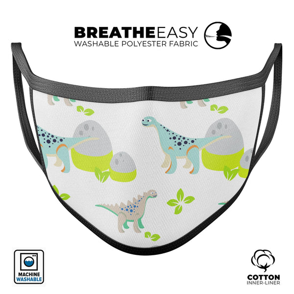 Curious Teal Dinosuar and Eggs - Made in USA Mouth Cover Unisex Anti-Dust Cotton Blend Reusable & Washable Face Mask with Adjustable Sizing for Adult or Child
