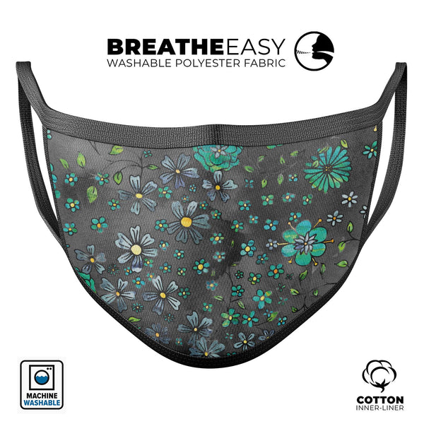 Floral Pattern on Black Watercolor - Made in USA Mouth Cover Unisex Anti-Dust Cotton Blend Reusable & Washable Face Mask with Adjustable Sizing for Adult or Child
