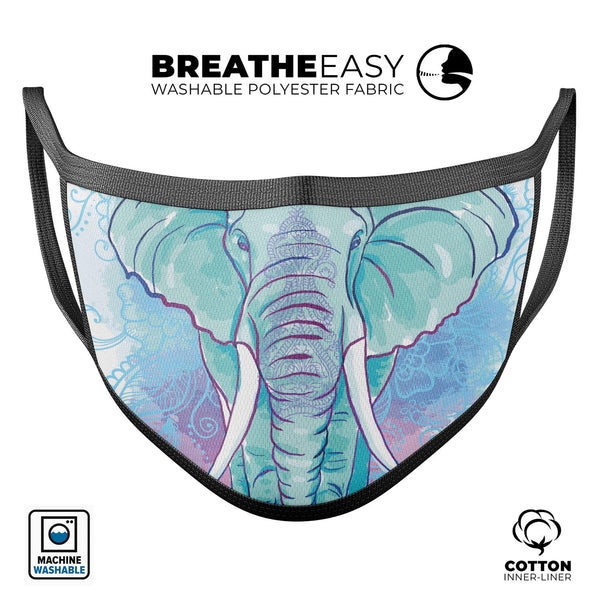 Flourished Blue & Purple Sacred Elephant - Made in USA Mouth Cover Unisex Anti-Dust Cotton Blend Reusable & Washable Face Mask with Adjustable Sizing for Adult or Child