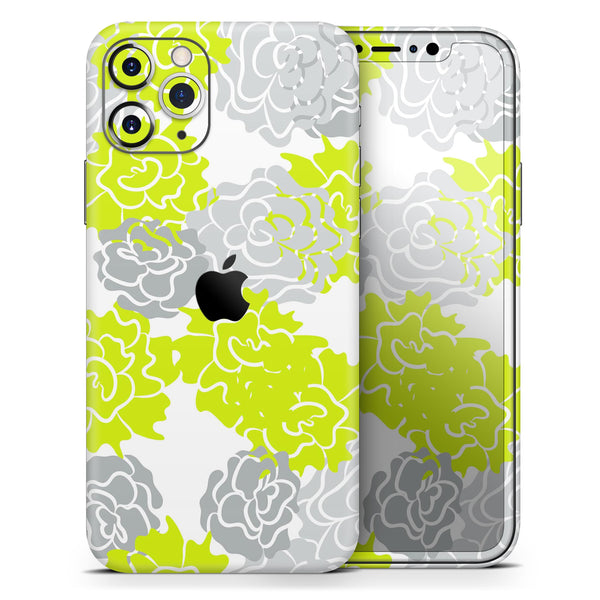Gray and Lime Green Cartoon Roses - Skin-Kit compatible with the Apple iPhone 13, 13 Pro Max, 13 Mini, 13 Pro, iPhone 12, iPhone 11 (All iPhones Available)