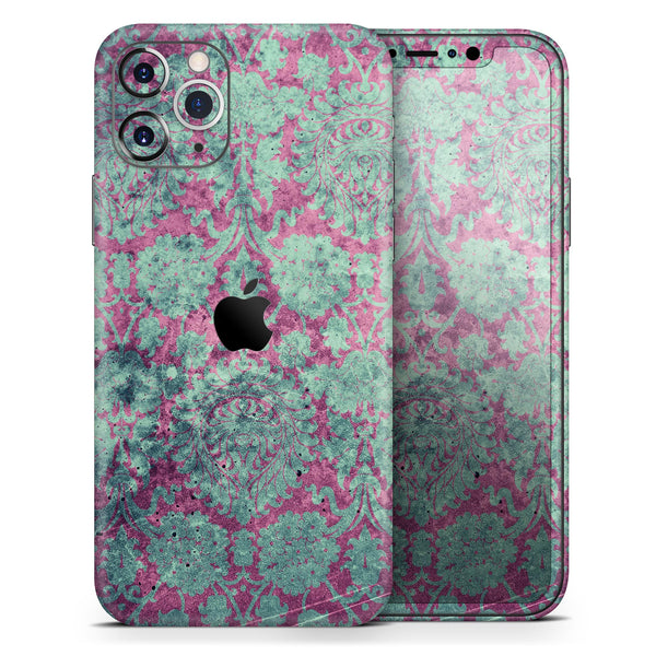 Grungy Teal and Pink Damask Pattern - Skin-Kit compatible with the Apple iPhone 13, 13 Pro Max, 13 Mini, 13 Pro, iPhone 12, iPhone 11 (All iPhones Available)