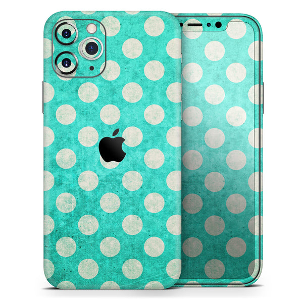 Grungy Teal and White Polka Dots - Skin-Kit compatible with the Apple iPhone 13, 13 Pro Max, 13 Mini, 13 Pro, iPhone 12, iPhone 11 (All iPhones Available)