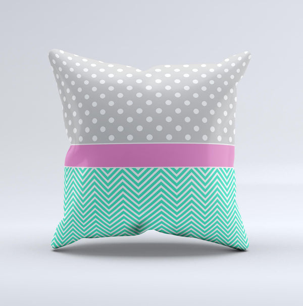 Sharp Chevron White and Mint Green with Light Gray Polka and Pink Stripe  Ink-Fuzed Decorative Throw Pillow
