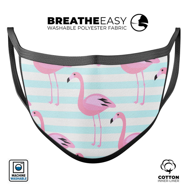 Pink Flamingos Over Blue Stripes - Made in USA Mouth Cover Unisex Anti-Dust Cotton Blend Reusable & Washable Face Mask with Adjustable Sizing for Adult or Child