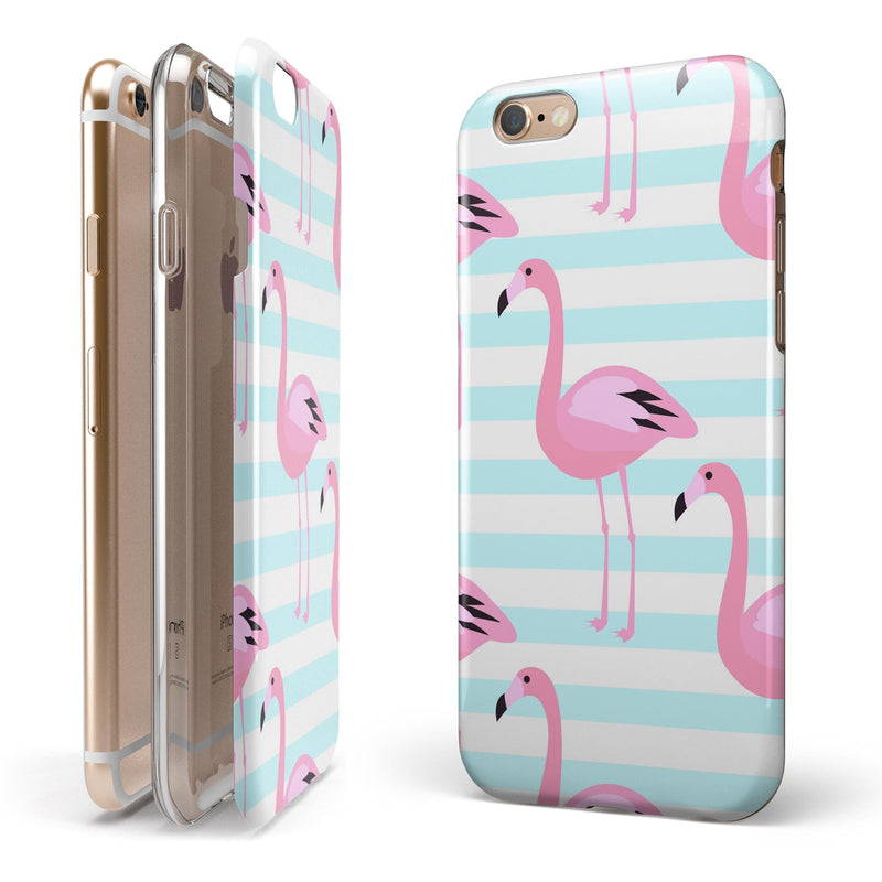 Pink Flaminogos Over Teal Stripes iPhone 6/6s or 6/6s Plus 2-Piece Hybrid INK-Fuzed Case