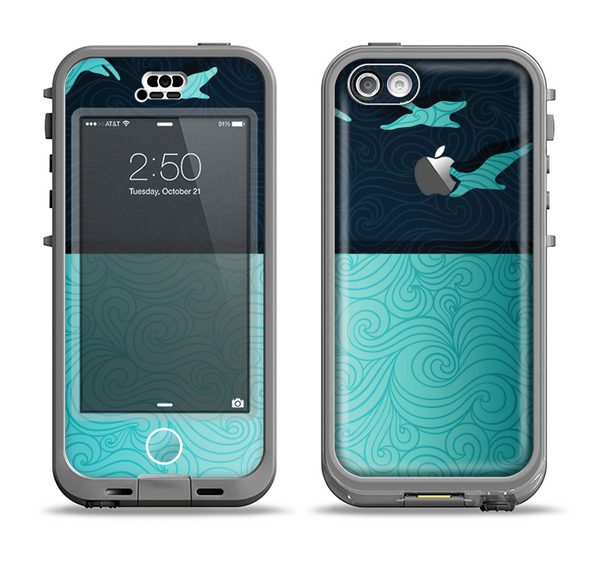 The Abstract Swirled Two Toned Green with Birds Apple iPhone 5c LifeProof Nuud Case Skin Set