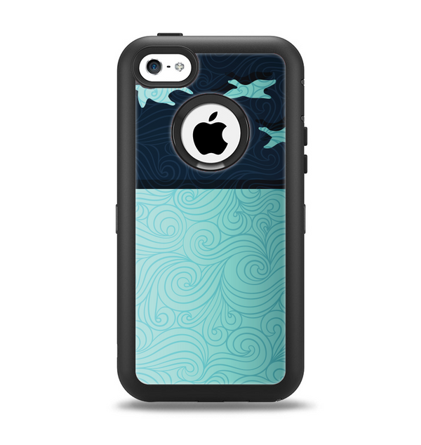 The Abstract Swirled Two Toned Green with Birds Apple iPhone 5c Otterbox Defender Case Skin Set