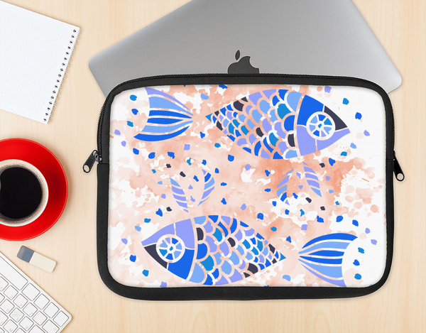 The Abstract White and Blue Fish Fossil Ink-Fuzed NeoPrene MacBook Laptop Sleeve