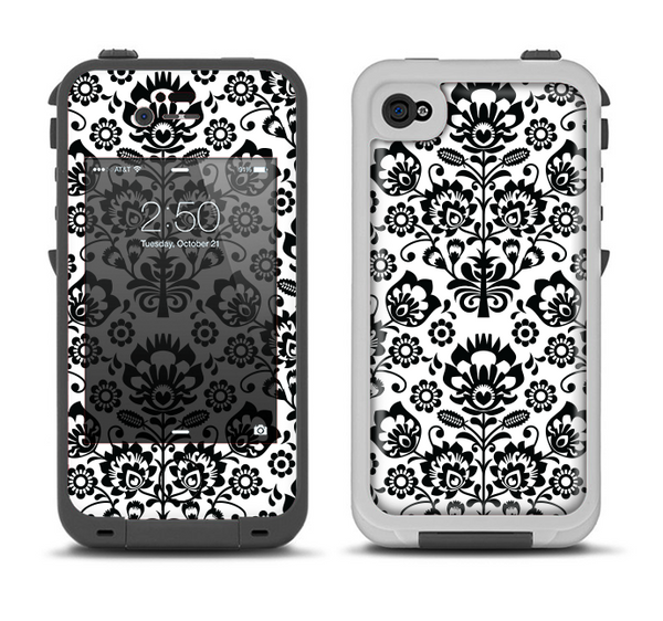 The Black Floral Delicate Pattern Apple iPhone 4-4s LifeProof Fre Case Skin Set