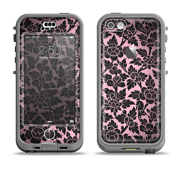 The Black & Pink Floral Design Pattern V2 Apple iPhone 5c LifeProof Nuud Case Skin Set