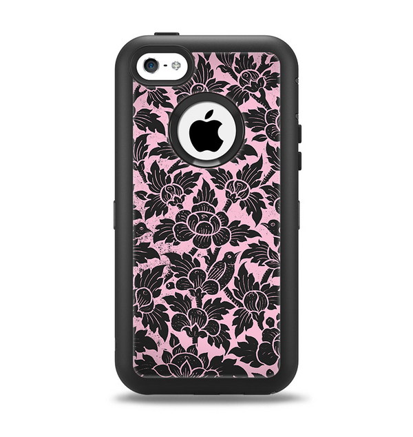 The Black & Pink Floral Design Pattern V2 Apple iPhone 5c Otterbox Defender Case Skin Set