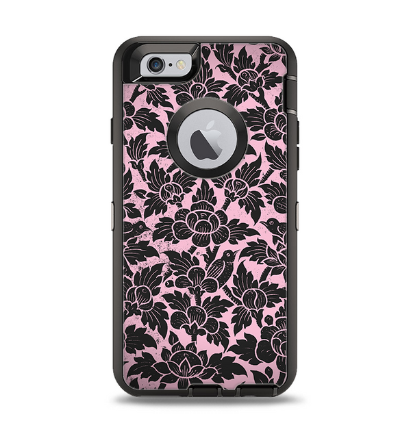 The Black & Pink Floral Design Pattern V2 Apple iPhone 6 Otterbox Defender Case Skin Set
