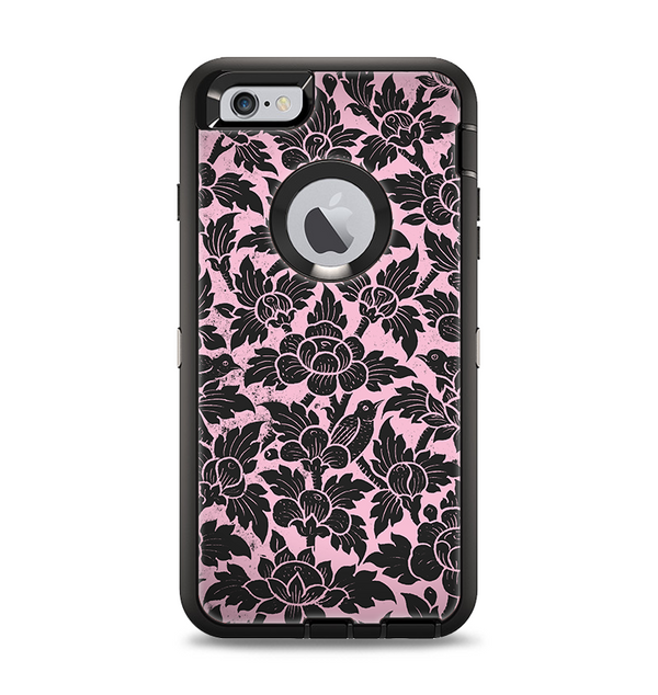 The Black & Pink Floral Design Pattern V2 Apple iPhone 6 Plus Otterbox Defender Case Skin Set