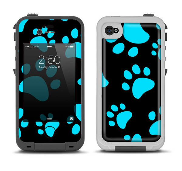The Black & Turquoise Paw Print Apple iPhone 4-4s LifeProof Fre Case Skin Set