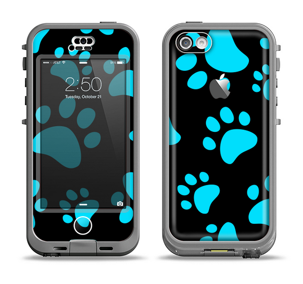 The Black & Turquoise Paw Print Apple iPhone 5c LifeProof Nuud Case Skin Set