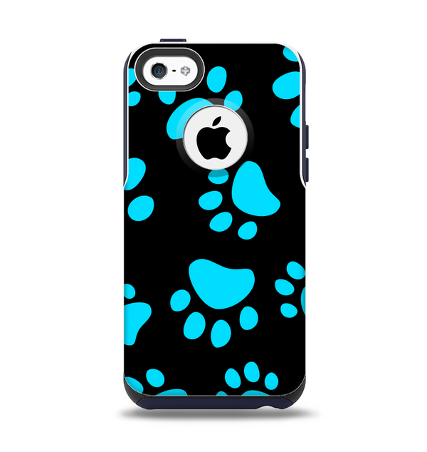 The Black & Turquoise Paw Print Apple iPhone 5c Otterbox Commuter Case Skin Set