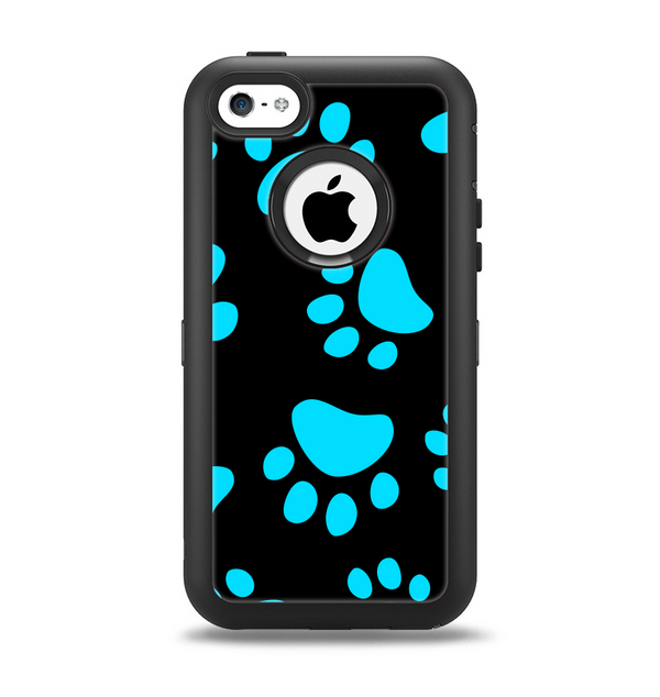 The Black & Turquoise Paw Print Apple iPhone 5c Otterbox Defender Case Skin Set