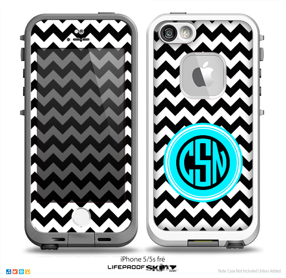 The Black & White Chevron Turquoise Circle Monogram Name Script Skin for the iPhone 5-5s Fre LifeProof Case