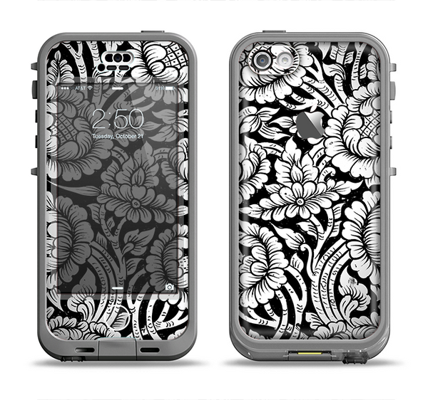 The Black & White Mirrored Floral Pattern V2 Apple iPhone 5c LifeProof Nuud Case Skin Set