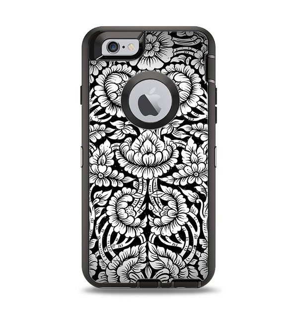 The Black & White Mirrored Floral Pattern V2 Apple iPhone 6 Otterbox Defender Case Skin Set