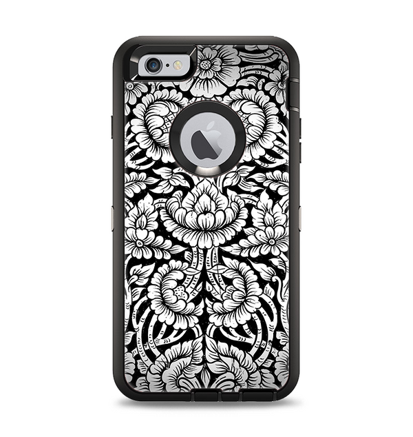 The Black & White Mirrored Floral Pattern V2 Apple iPhone 6 Plus Otterbox Defender Case Skin Set