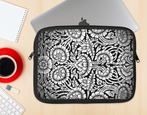 The Black & White Mirrored Floral Pattern V2 Ink-Fuzed NeoPrene MacBook Laptop Sleeve