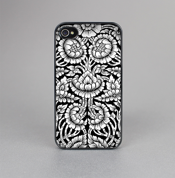 The Black & White Mirrored Floral Pattern V2 Skin-Sert Case for the Apple iPhone 4-4s