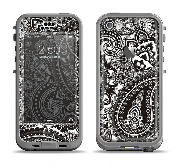 The Black & White Paisley Pattern V1 Apple iPhone 5c LifeProof Nuud Case Skin Set
