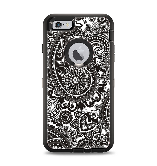 The Black & White Paisley Pattern V1 Apple iPhone 6 Plus Otterbox Defender Case Skin Set