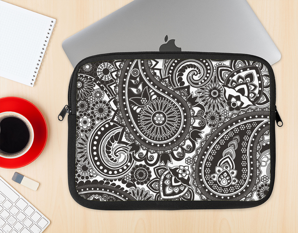 The Black & White Paisley Pattern V1 Ink-Fuzed NeoPrene MacBook Laptop Sleeve