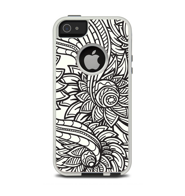 The Black & White Vector Floral Connect Apple iPhone 5-5s Otterbox Commuter Case Skin Set