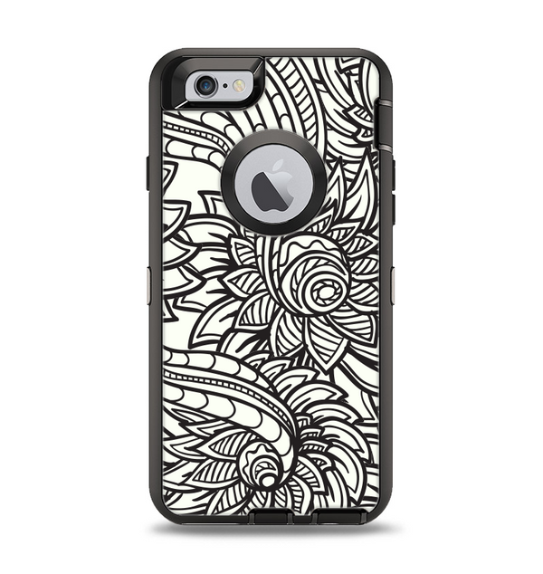 The Black & White Vector Floral Connect Apple iPhone 6 Otterbox Defender Case Skin Set