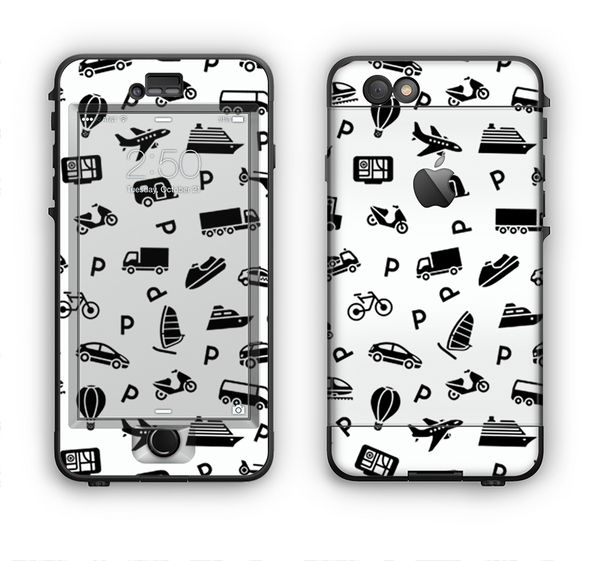 The Black and White Travel Collage Pattern Apple iPhone 6 Plus LifeProof Nuud Case Skin Set