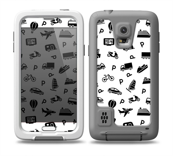 The Black and White Travel Collage Pattern Skin for the Samsung Galaxy S5 frē LifeProof Case