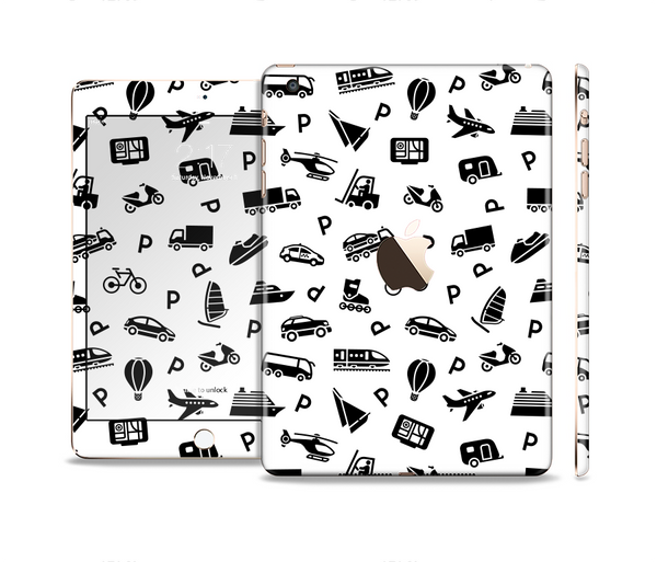 The Black and White Travel Collage Pattern Full Body Skin Set for the Apple iPad Mini 3