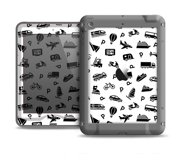 The Black and White Travel Collage Pattern Apple iPad Air LifeProof Nuud Case Skin Set