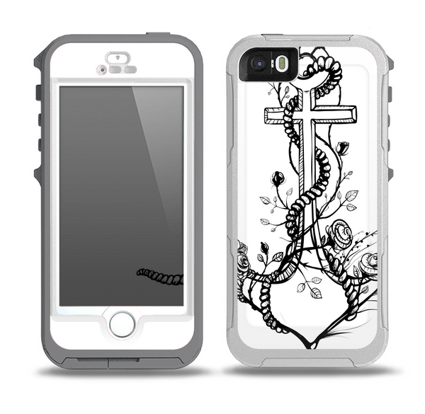 The Black and white Anchor with Roses Skin for the iPhone 5-5s OtterBox Preserver WaterProof Case