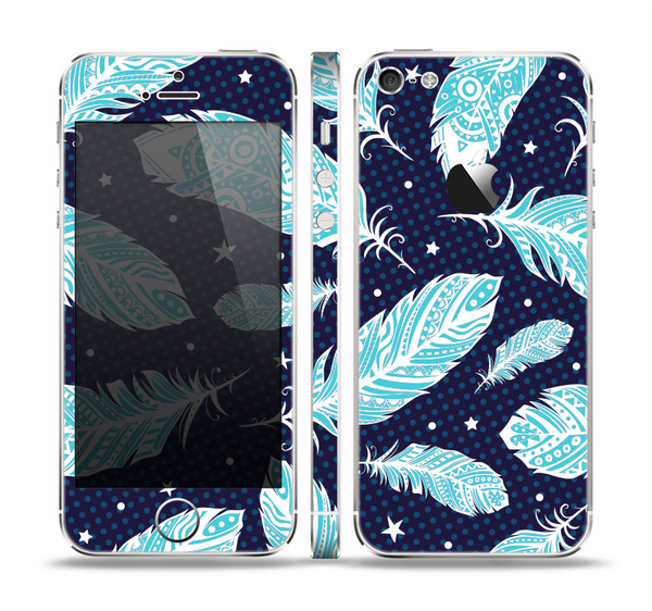 The Blue Aztec Feathers and Stars Skin Set for the Apple iPhone 5