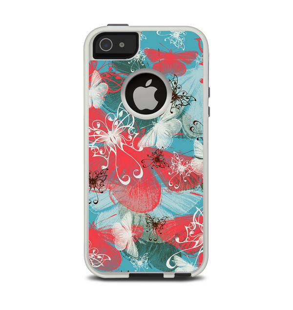 The Blue & Coral Abstract Butterfly Sprout Apple iPhone 5-5s Otterbox Commuter Case Skin Set