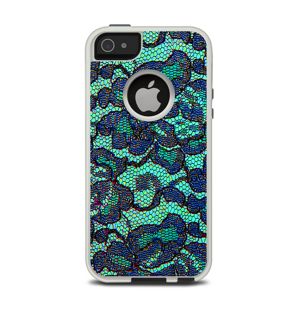 The Blue & Teal Lace Texture Apple iPhone 5-5s Otterbox Commuter Case Skin Set