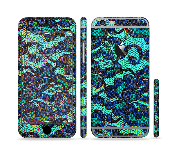 The Blue & Teal Lace Texture Sectioned Skin Series for the Apple iPhone 6 Plus
