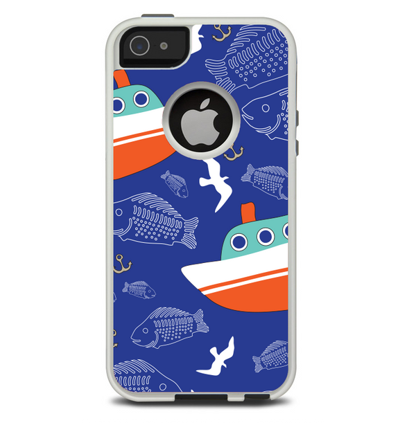 The Blue Vector Fish and Boat Pattern Skin For The iPhone 5-5s Otterbox Commuter Case