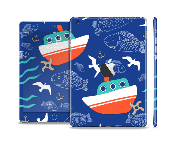 The Blue Vector Fish and Boat Pattern Skin Set for the Apple iPad Mini 4