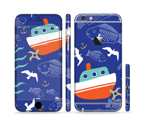 The Blue Vector Fish and Boat Pattern Sectioned Skin Series for the Apple iPhone 6
