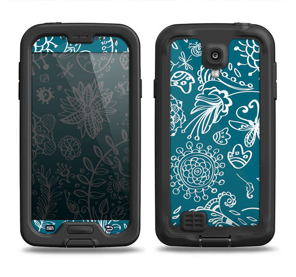 The Blue & White Floral Sketched Lace Patterns v21 Samsung Galaxy S4 LifeProof Nuud Case Skin Set