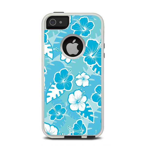 The Blue & White Hawaiian Floral Pattern V4 Apple iPhone 5-5s Otterbox Commuter Case Skin Set