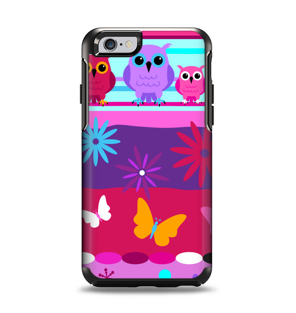 The Bright Pink Cartoon Owls with Flowers and Butterflies Apple iPhone 6 Otterbox Symmetry Case Skin Set